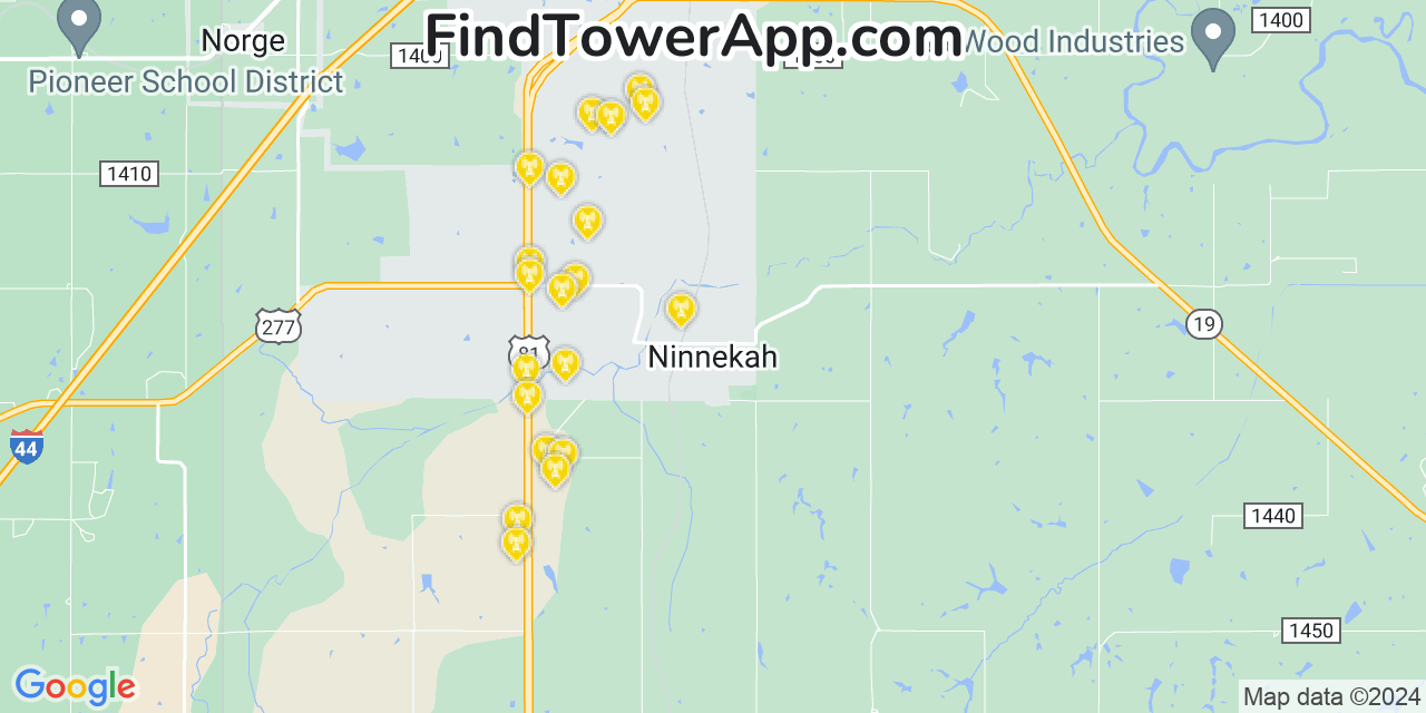 AT&T 4G/5G cell tower coverage map Ninnekah, Oklahoma