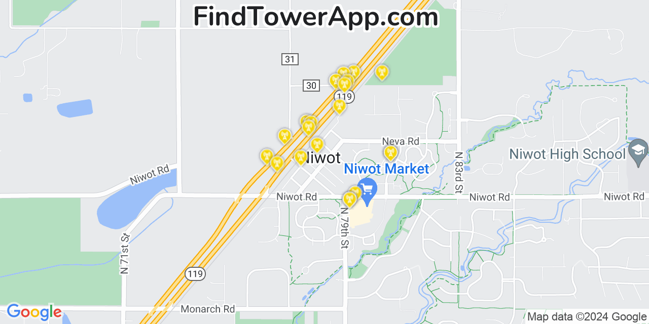 AT&T 4G/5G cell tower coverage map Niwot, Colorado
