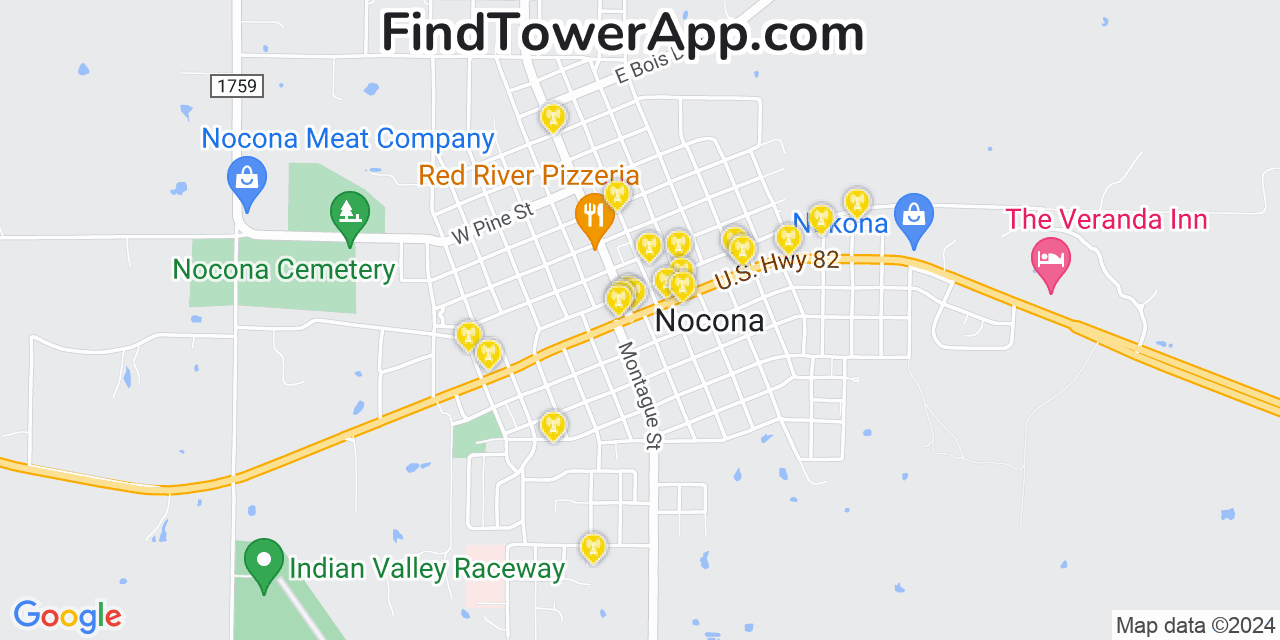 Verizon 4G/5G cell tower coverage map Nocona, Texas