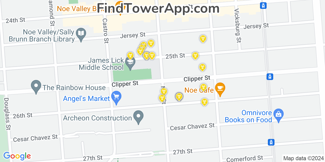 AT&T 4G/5G cell tower coverage map Noe Valley, California