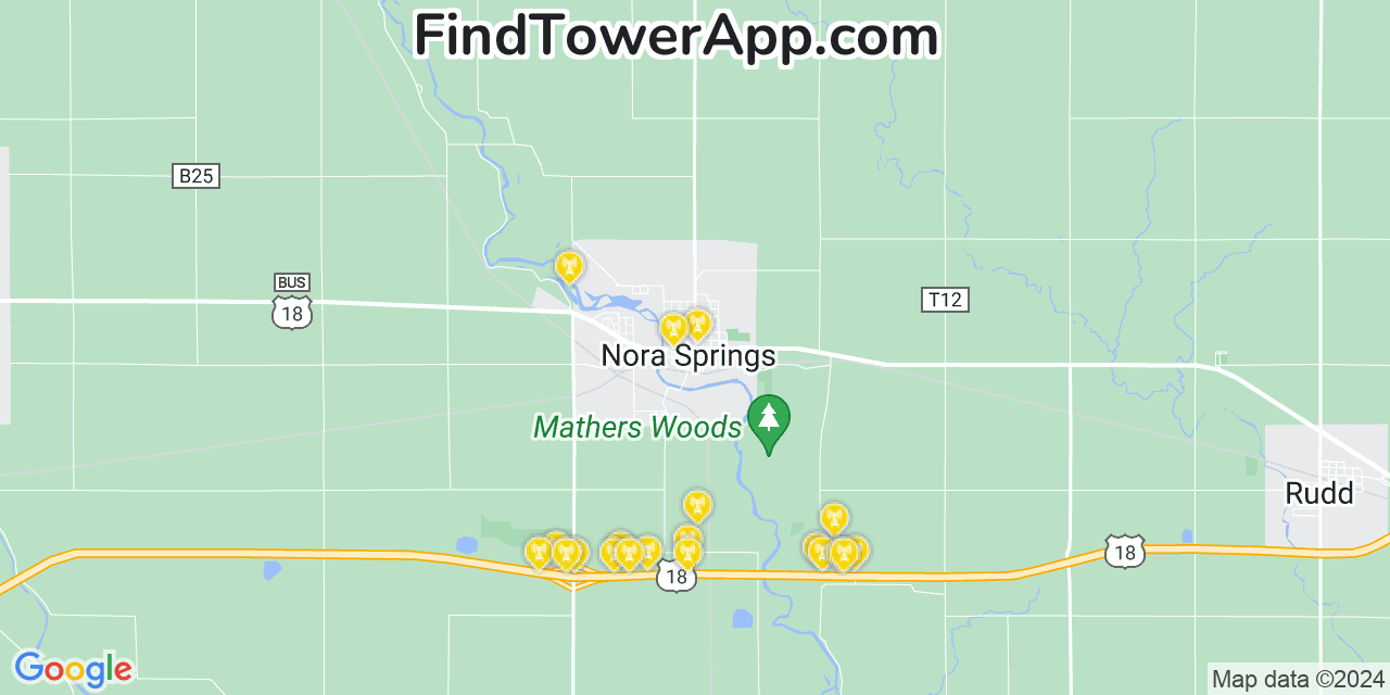 AT&T 4G/5G cell tower coverage map Nora Springs, Iowa