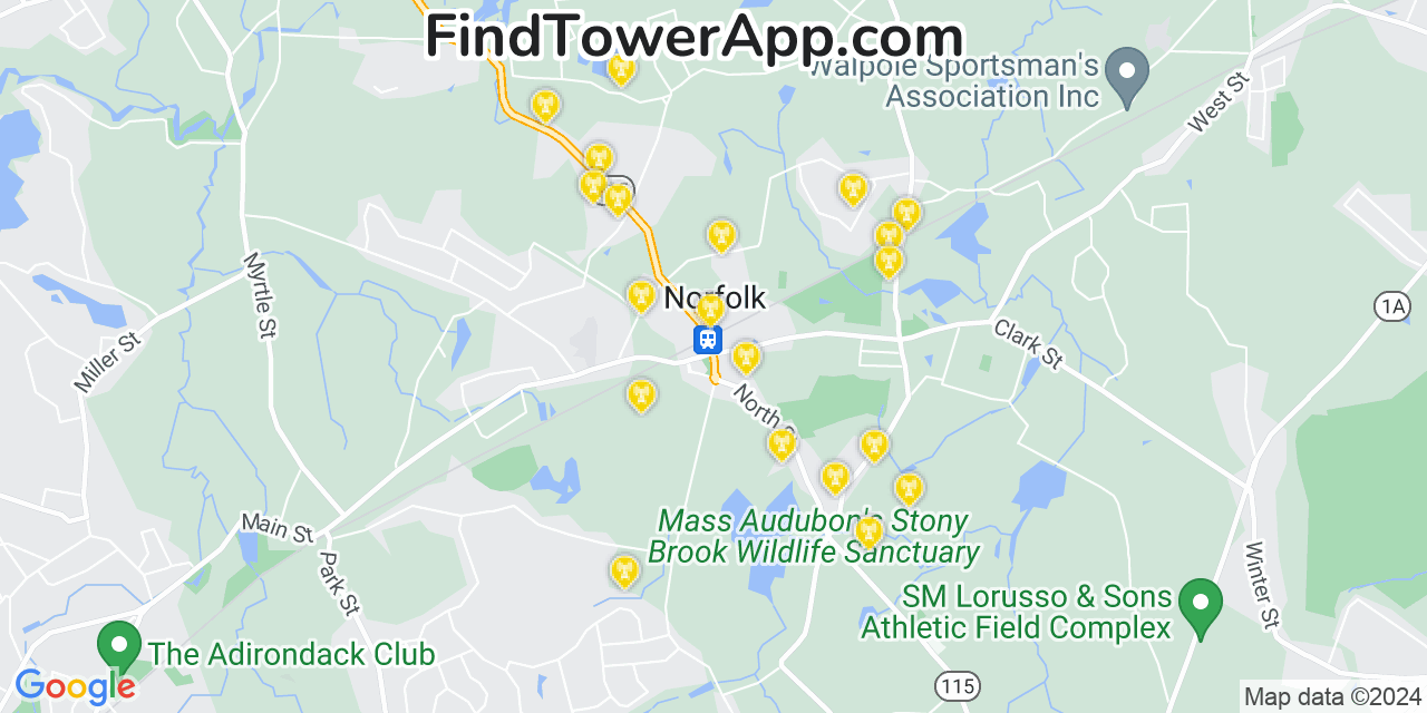 AT&T 4G/5G cell tower coverage map Norfolk, Massachusetts