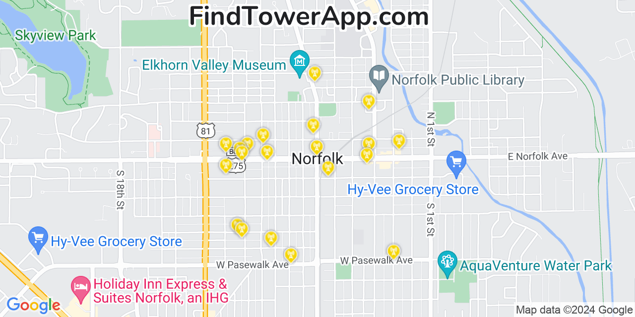 AT&T 4G/5G cell tower coverage map Norfolk, Nebraska