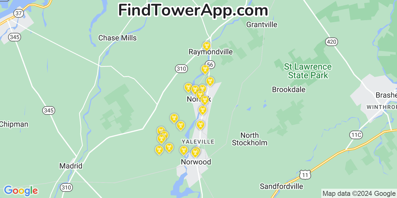 AT&T 4G/5G cell tower coverage map Norfolk, New York