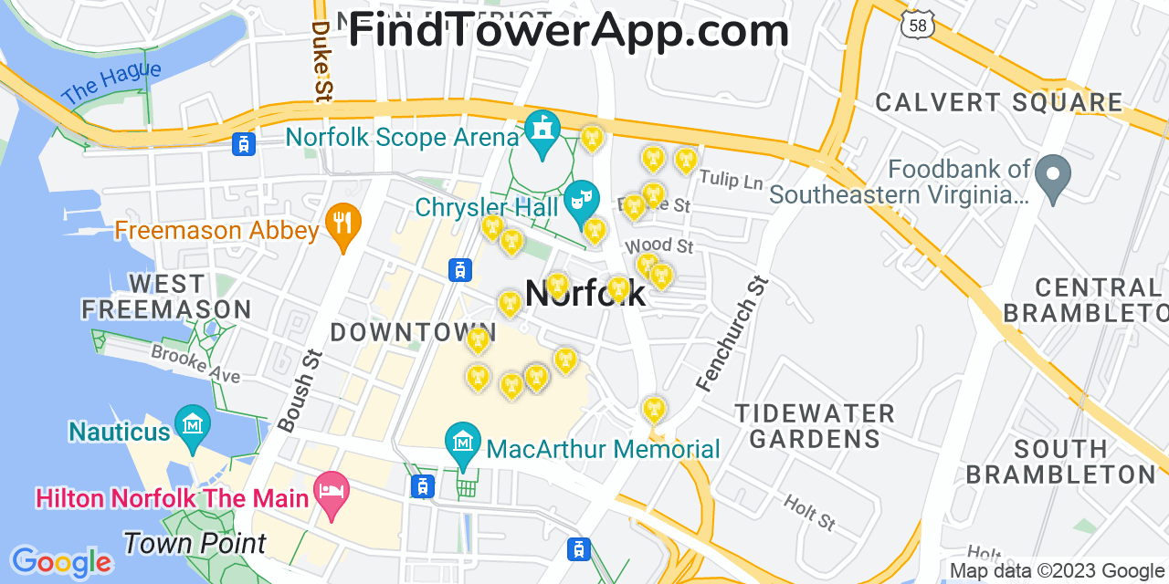 AT&T 4G/5G cell tower coverage map Norfolk, Virginia