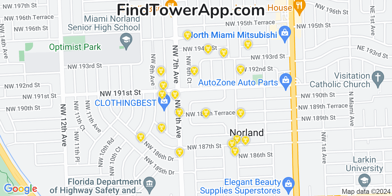AT&T 4G/5G cell tower coverage map Norland, Florida
