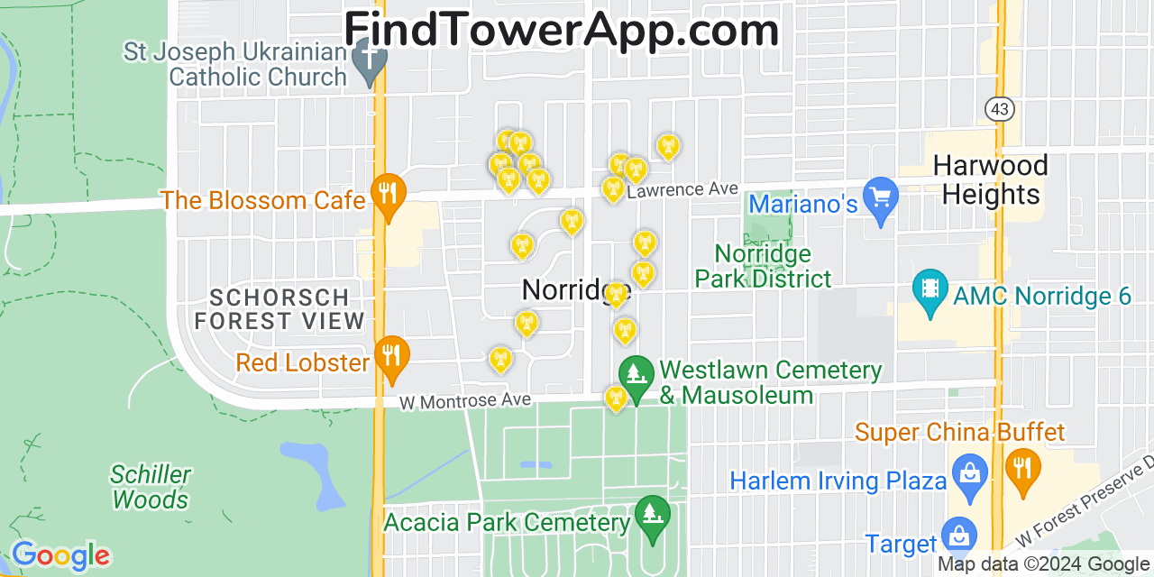 AT&T 4G/5G cell tower coverage map Norridge, Illinois
