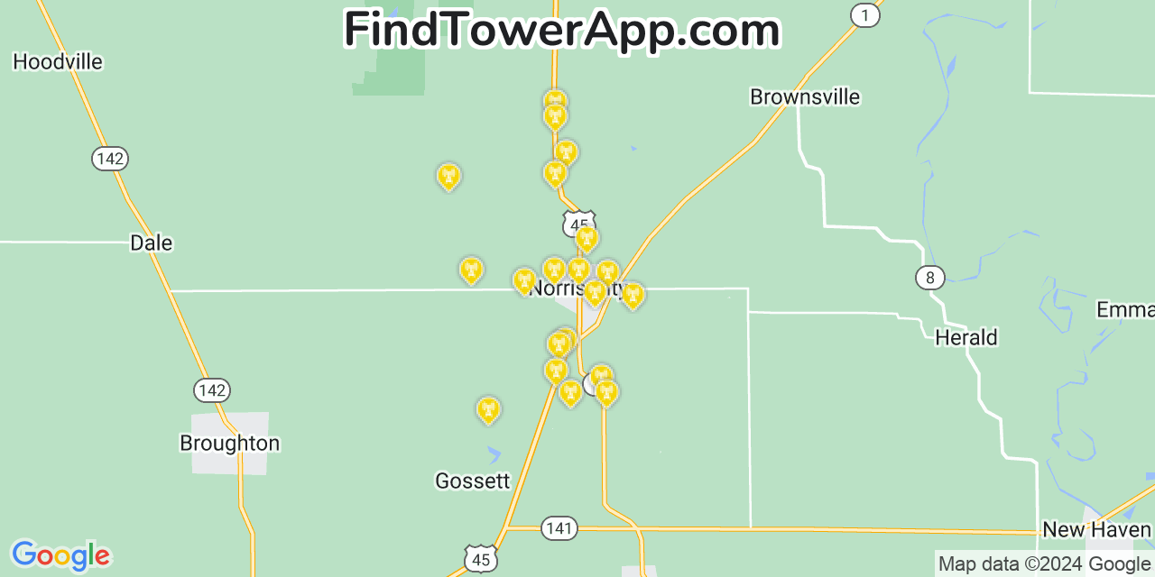 AT&T 4G/5G cell tower coverage map Norris City, Illinois