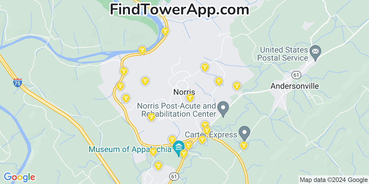 AT&T 4G/5G cell tower coverage map Norris, Tennessee