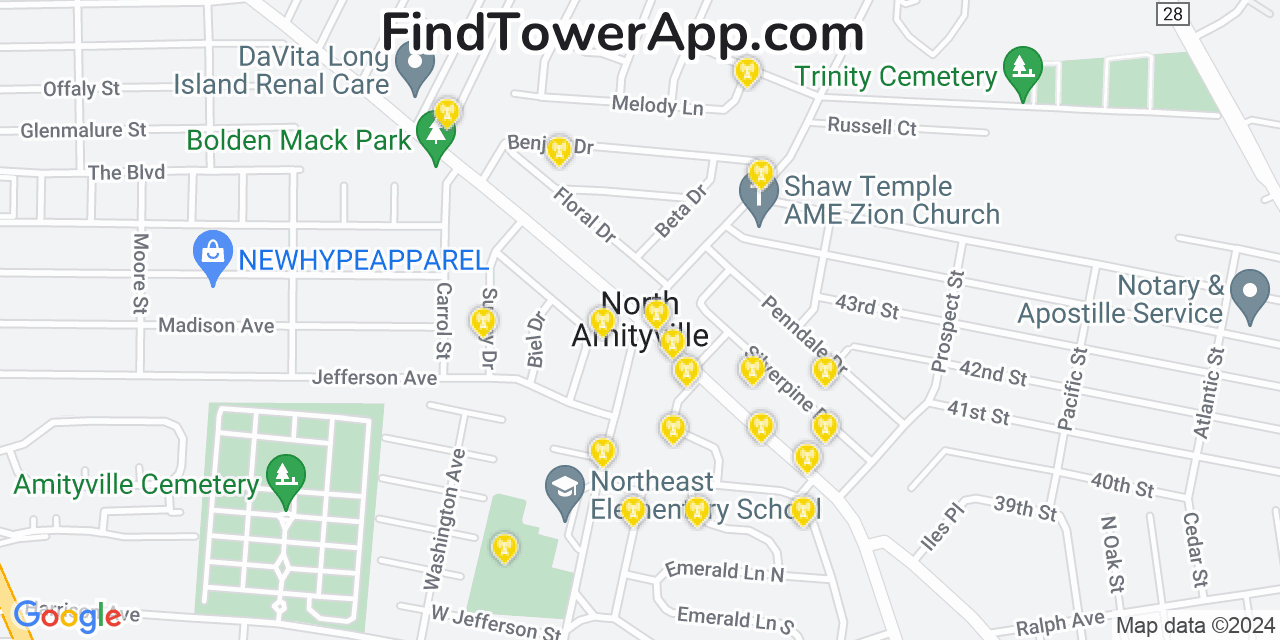 AT&T 4G/5G cell tower coverage map North Amityville, New York