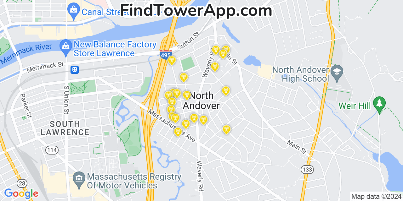 T-Mobile 4G/5G cell tower coverage map North Andover, Massachusetts