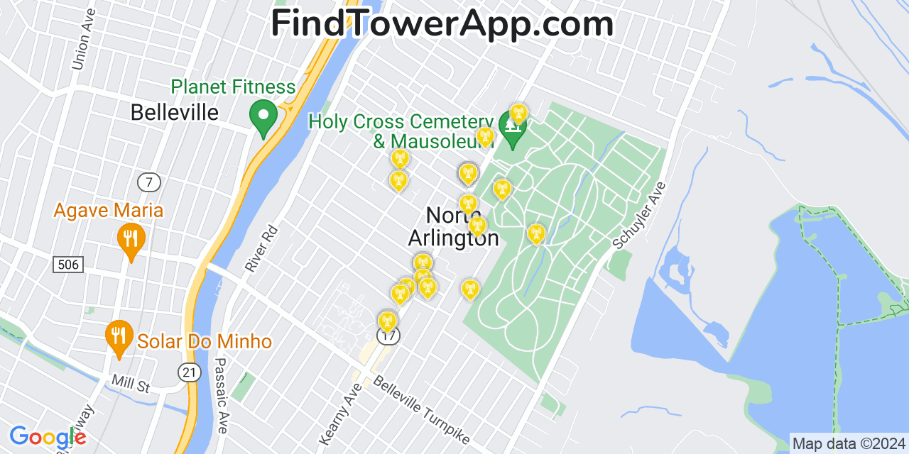AT&T 4G/5G cell tower coverage map North Arlington, New Jersey