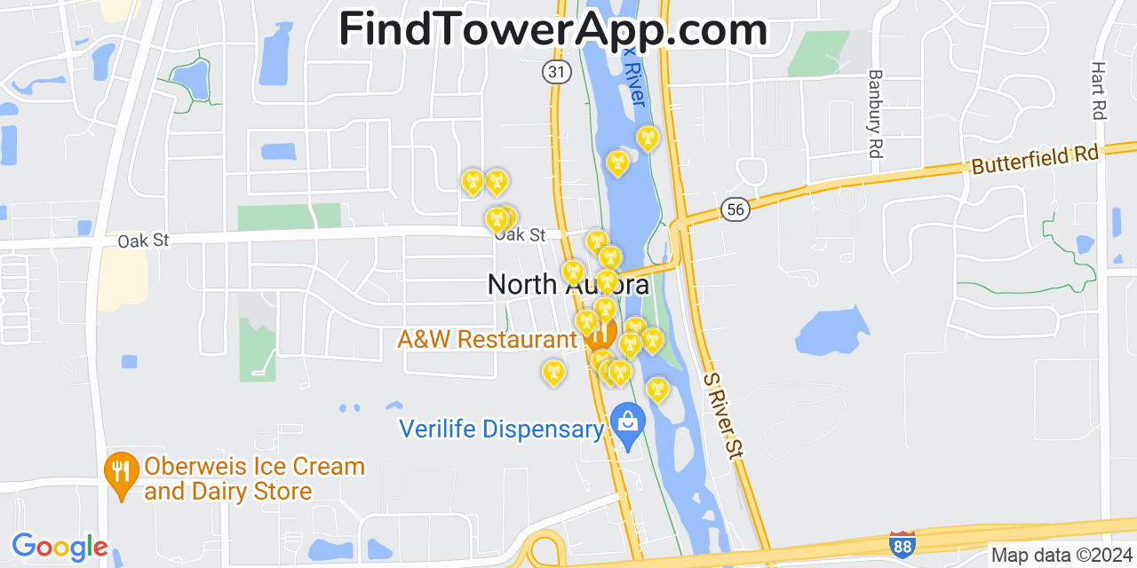 T-Mobile 4G/5G cell tower coverage map North Aurora, Illinois