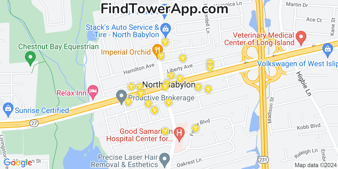 Verizon 4G/5G cell tower coverage map North Babylon, New York