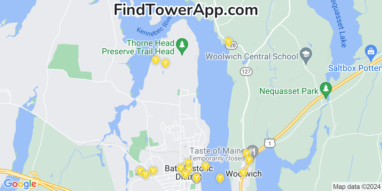 AT&T 4G/5G cell tower coverage map North Bath, Maine