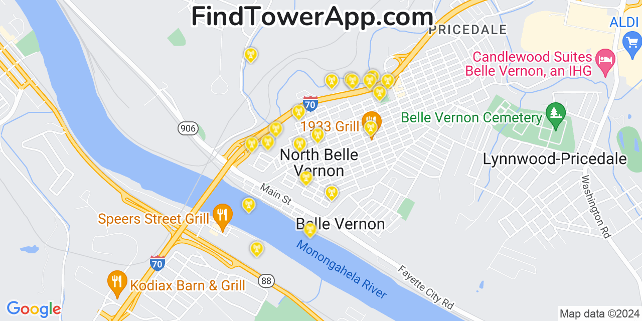 AT&T 4G/5G cell tower coverage map North Belle Vernon, Pennsylvania