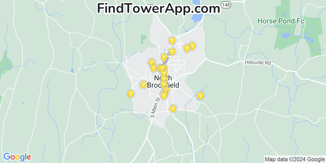 AT&T 4G/5G cell tower coverage map North Brookfield, Massachusetts