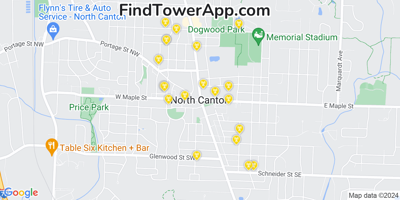 AT&T 4G/5G cell tower coverage map North Canton, Ohio