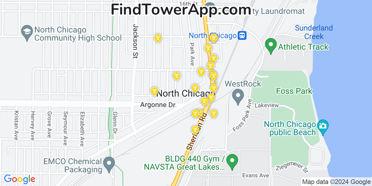 AT&T 4G/5G cell tower coverage map North Chicago, Illinois