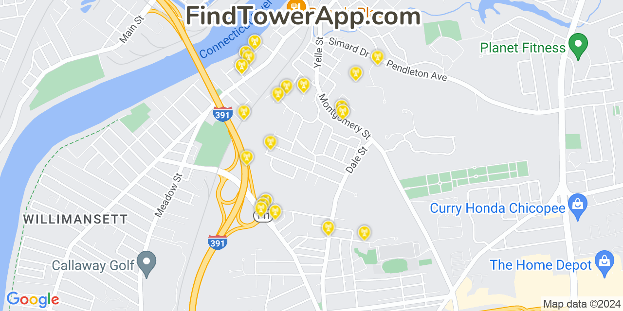 AT&T 4G/5G cell tower coverage map North Chicopee, Massachusetts