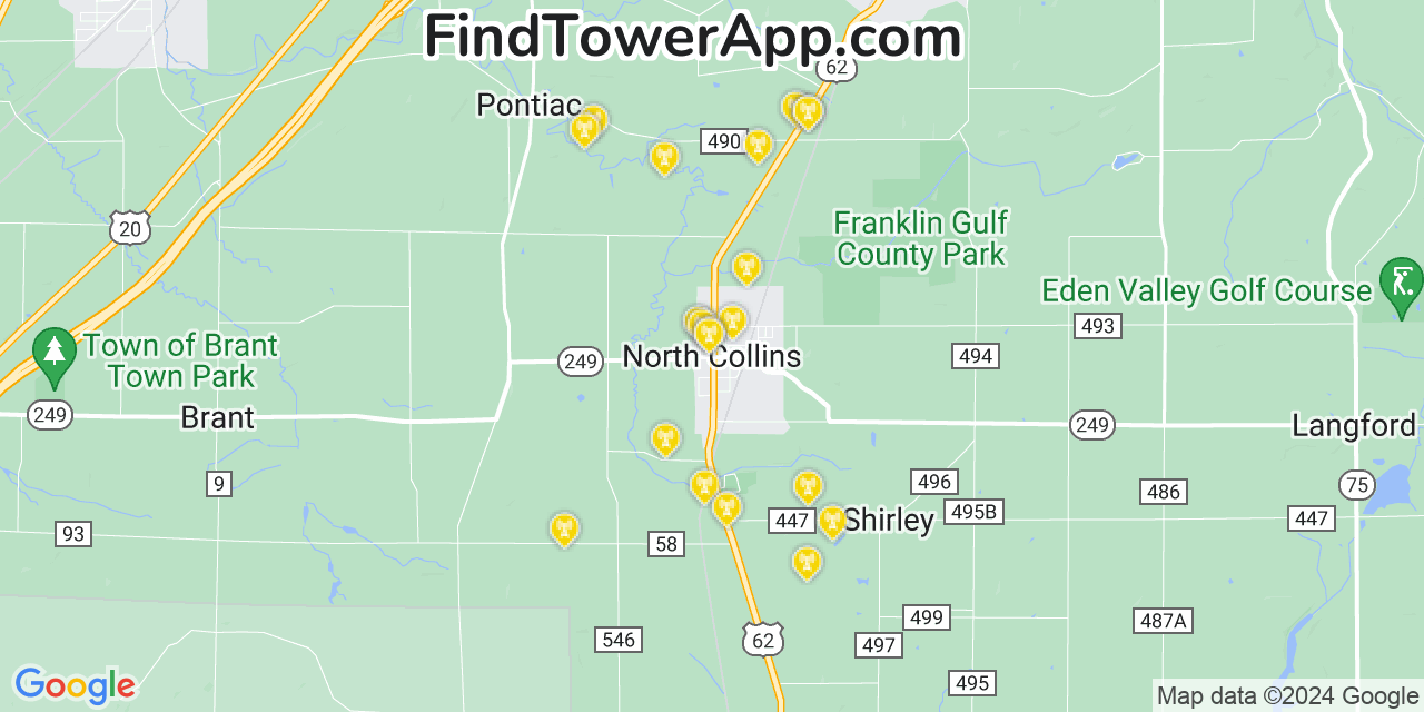 AT&T 4G/5G cell tower coverage map North Collins, New York