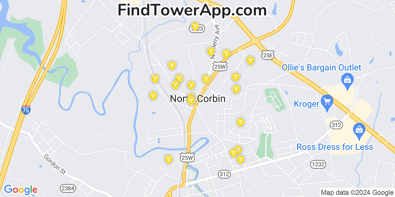 AT&T 4G/5G cell tower coverage map North Corbin, Kentucky