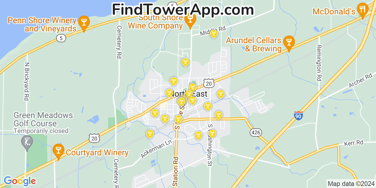 Verizon 4G/5G cell tower coverage map North East, Pennsylvania