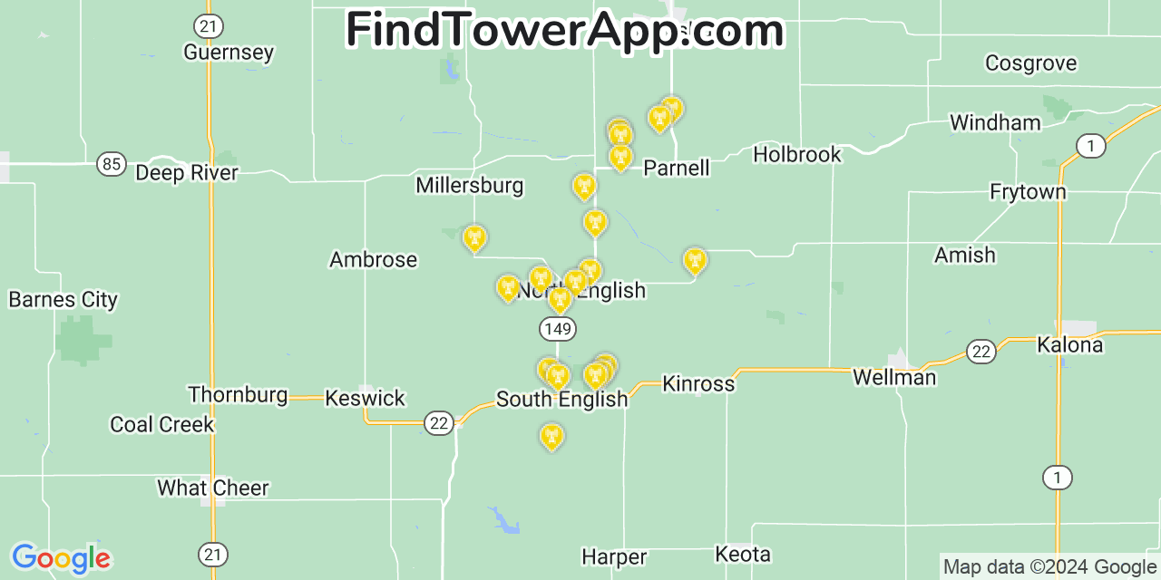 AT&T 4G/5G cell tower coverage map North English, Iowa