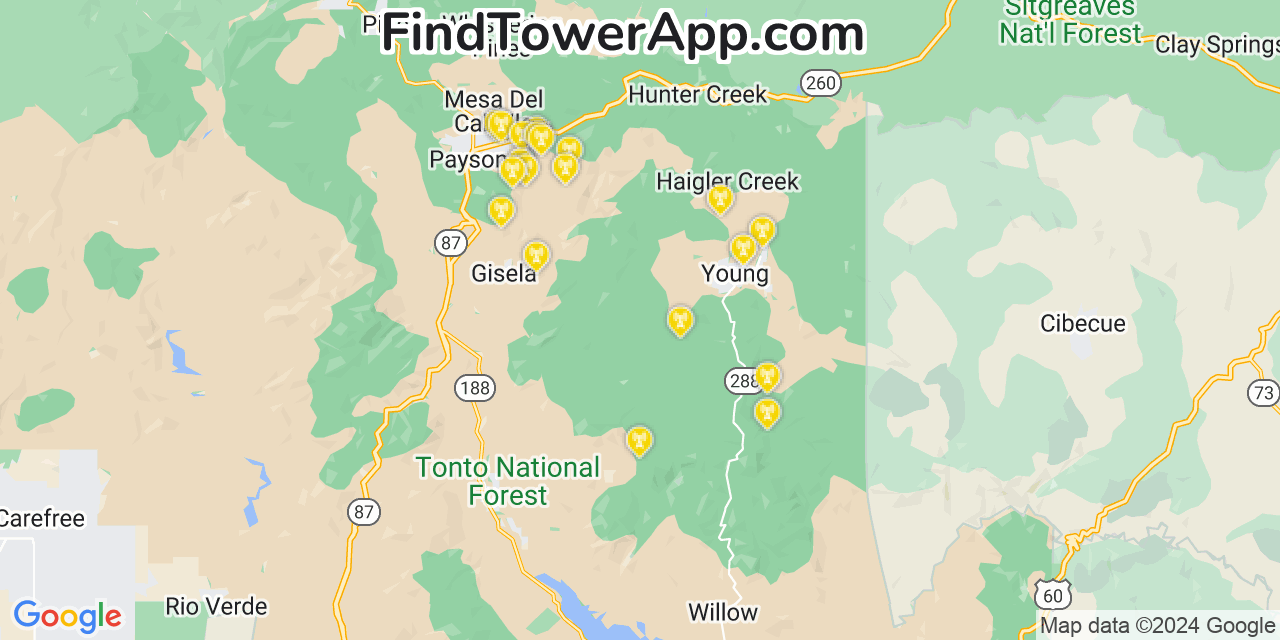 Verizon 4G/5G cell tower coverage map North Fork, Arizona