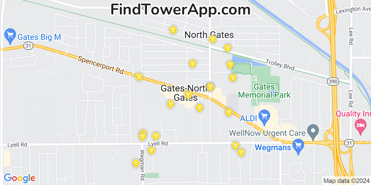 AT&T 4G/5G cell tower coverage map North Gates, New York