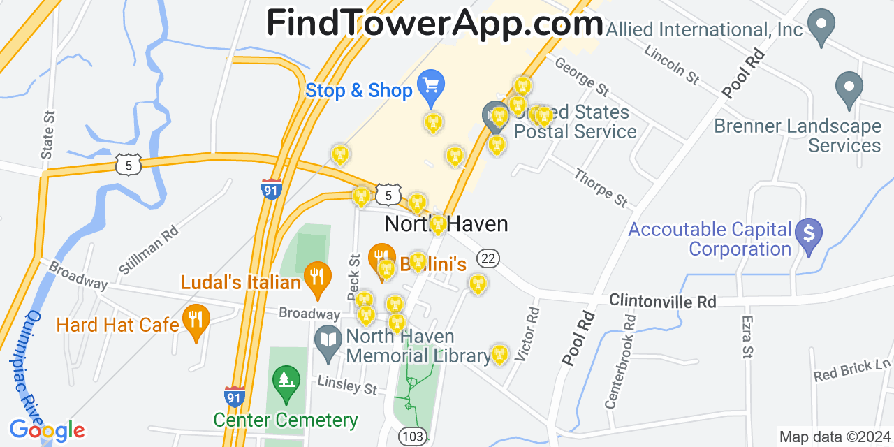 AT&T 4G/5G cell tower coverage map North Haven, Connecticut