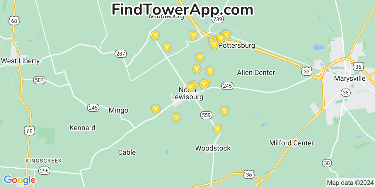 AT&T 4G/5G cell tower coverage map North Lewisburg, Ohio