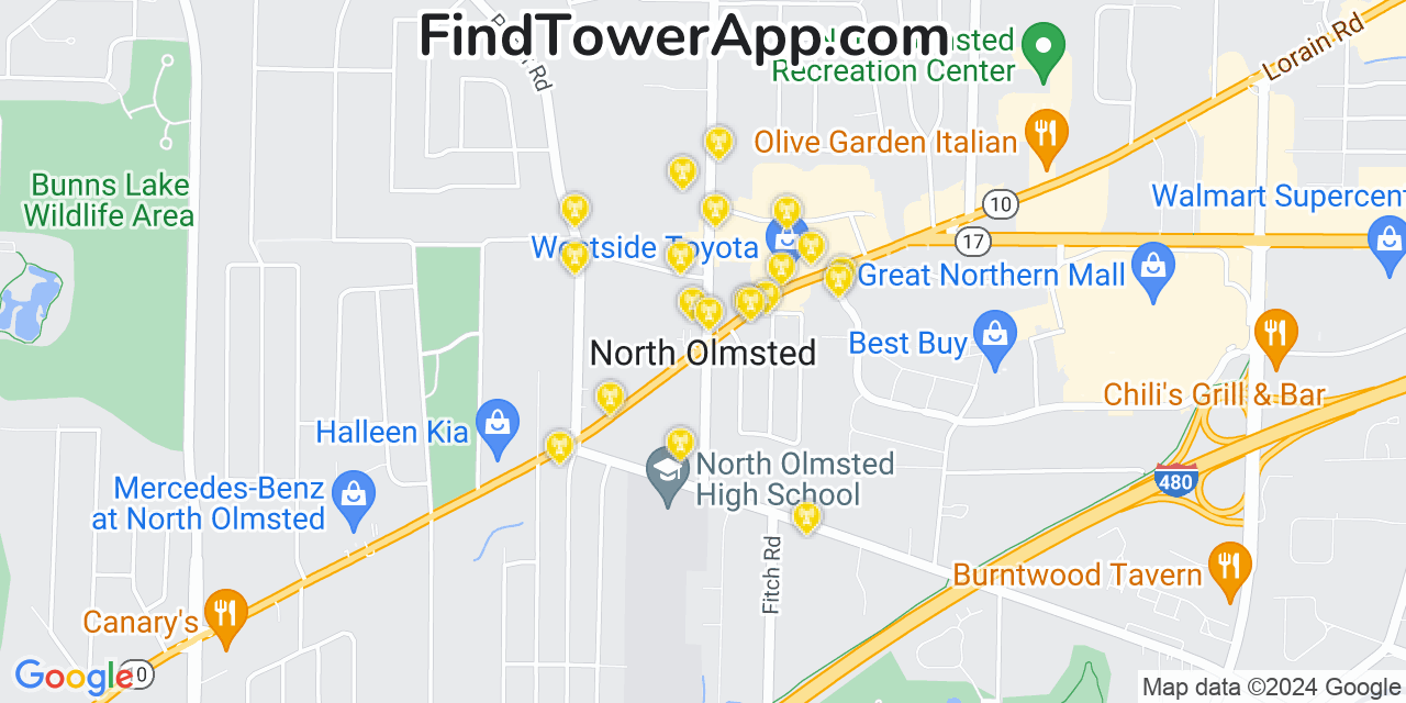 AT&T 4G/5G cell tower coverage map North Olmsted, Ohio