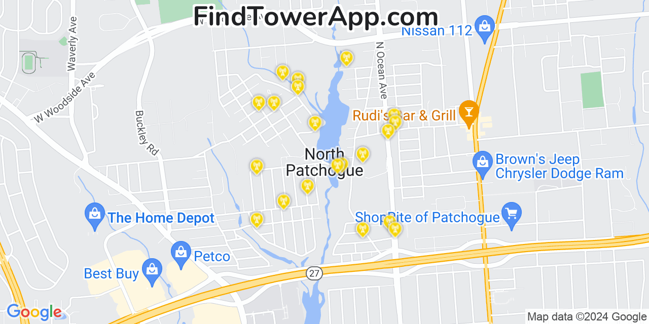 AT&T 4G/5G cell tower coverage map North Patchogue, New York