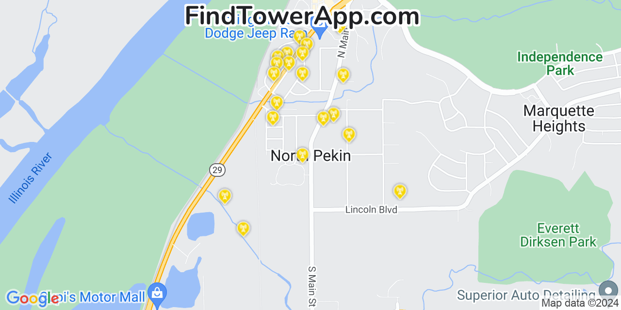 AT&T 4G/5G cell tower coverage map North Pekin, Illinois