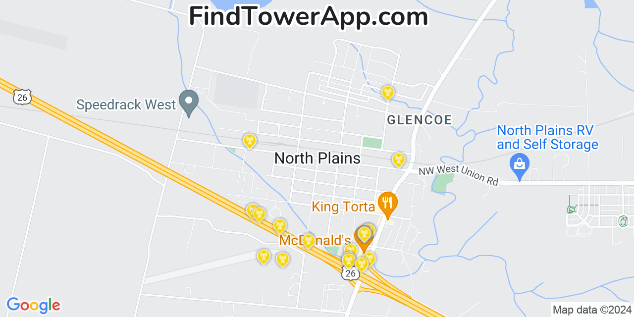AT&T 4G/5G cell tower coverage map North Plains, Oregon