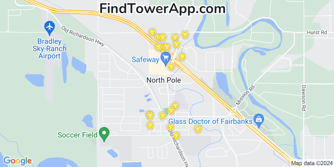 AT&T 4G/5G cell tower coverage map North Pole, Alaska