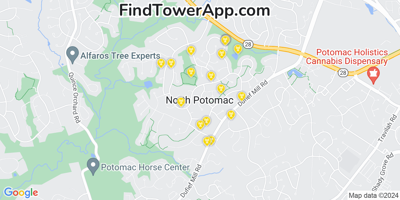 AT&T 4G/5G cell tower coverage map North Potomac, Maryland