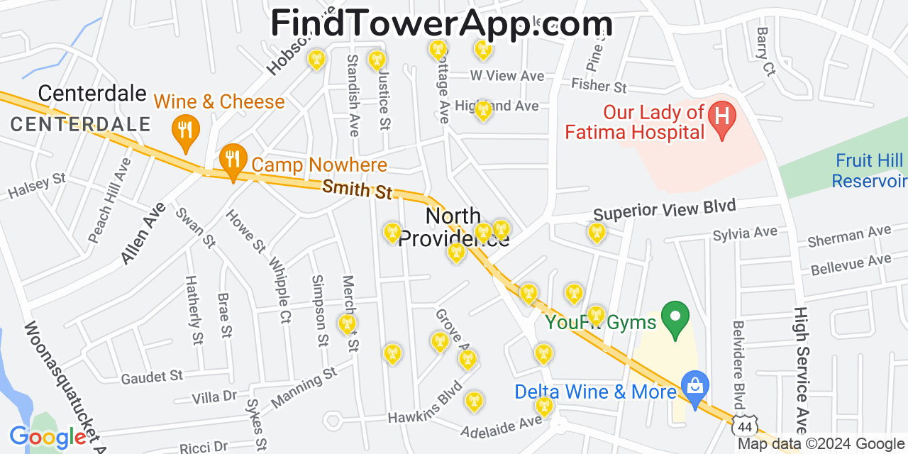 AT&T 4G/5G cell tower coverage map North Providence, Rhode Island