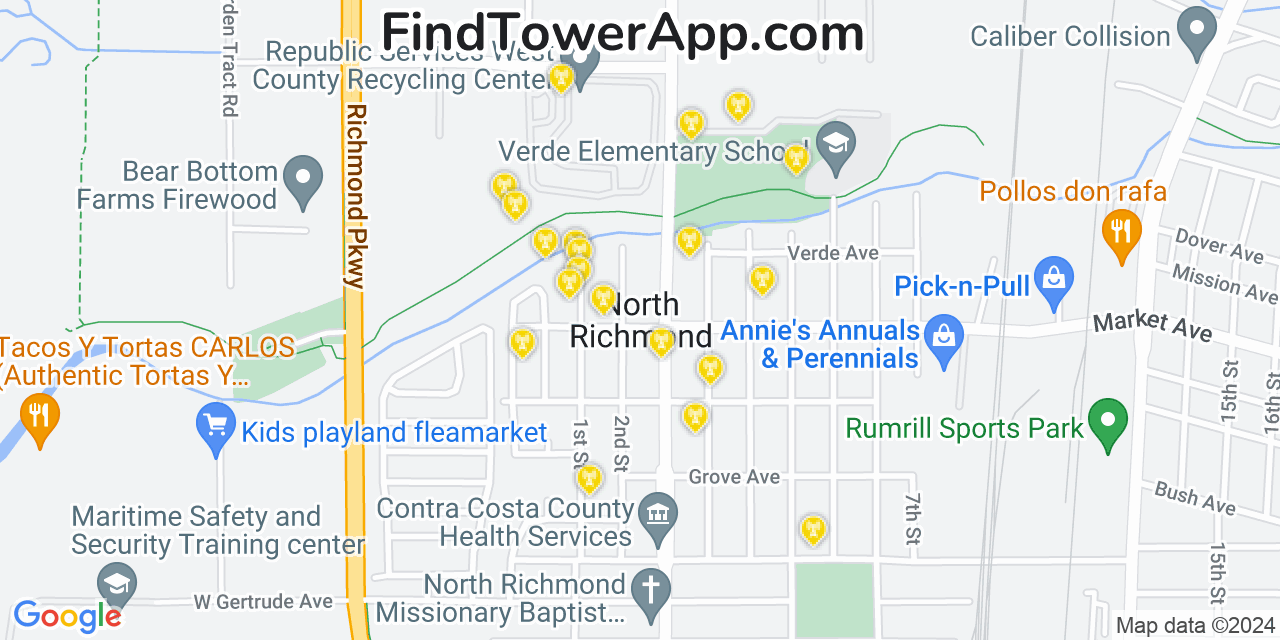 AT&T 4G/5G cell tower coverage map North Richmond, California