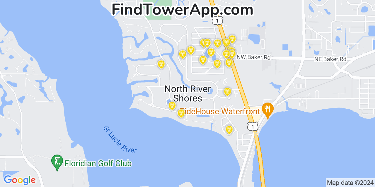 AT&T 4G/5G cell tower coverage map North River Shores, Florida