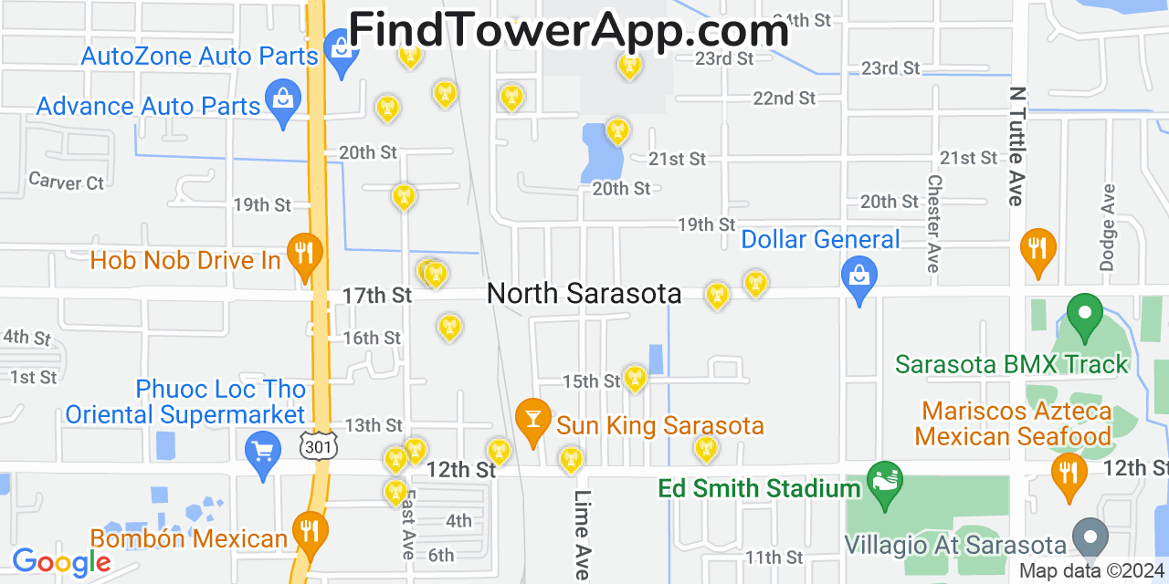AT&T 4G/5G cell tower coverage map North Sarasota, Florida