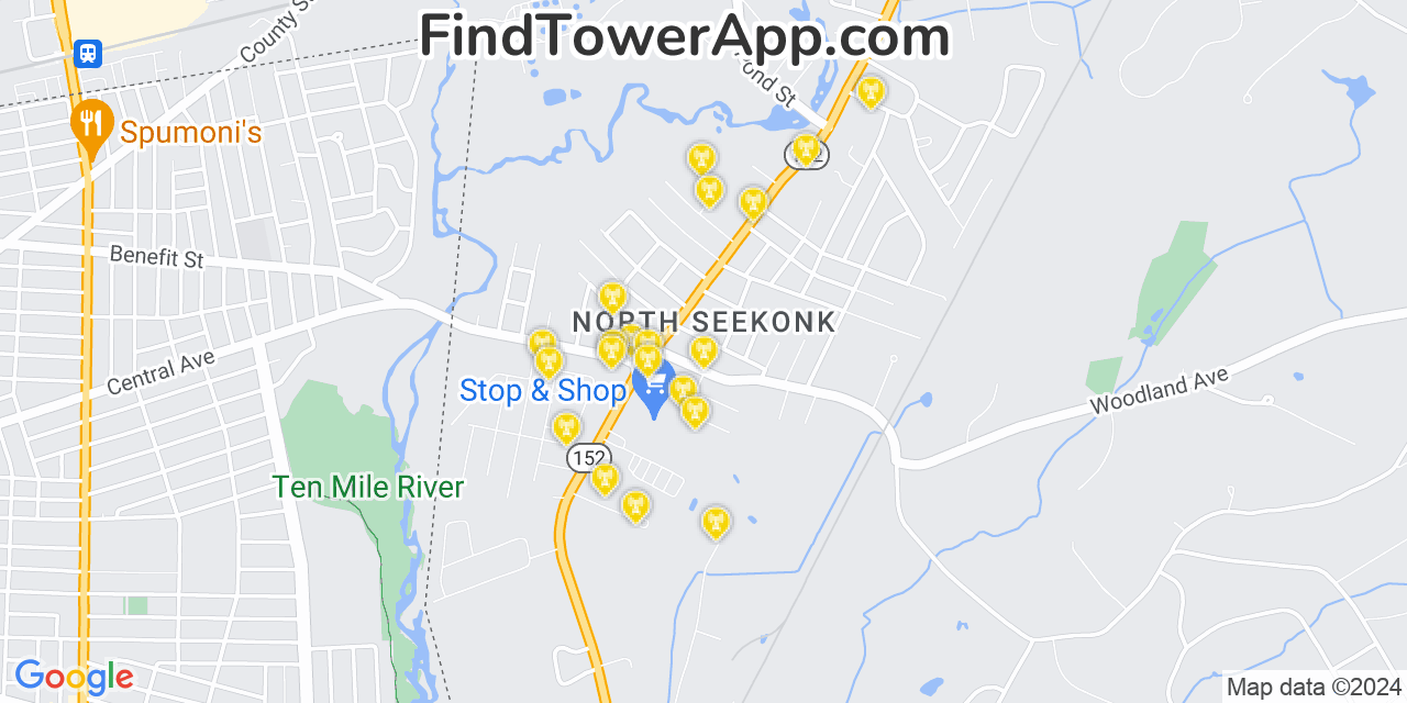 AT&T 4G/5G cell tower coverage map North Seekonk, Massachusetts