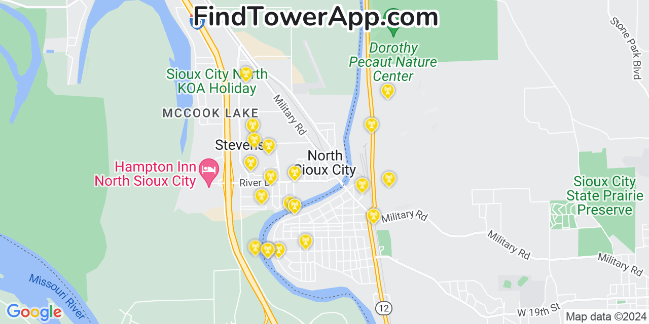 AT&T 4G/5G cell tower coverage map North Sioux City, South Dakota