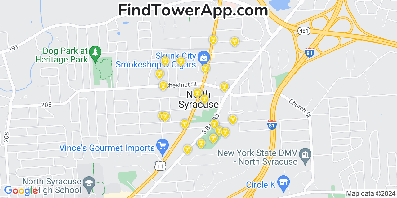 AT&T 4G/5G cell tower coverage map North Syracuse, New York