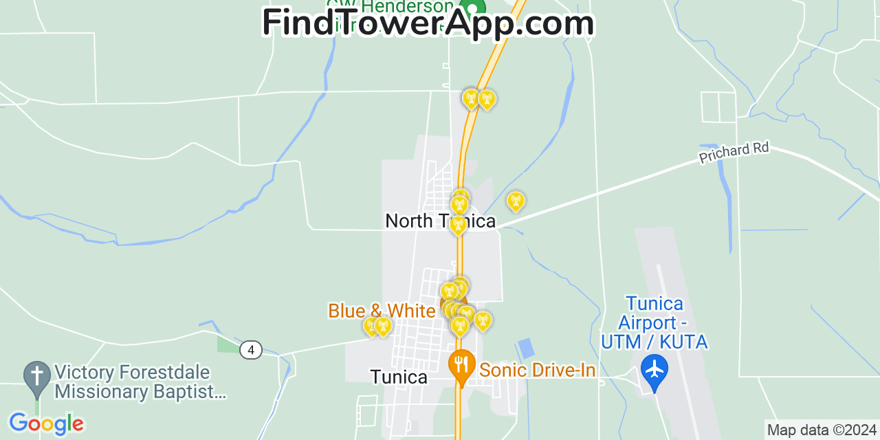 AT&T 4G/5G cell tower coverage map North Tunica, Mississippi