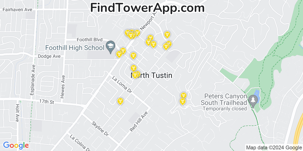 AT&T 4G/5G cell tower coverage map North Tustin, California