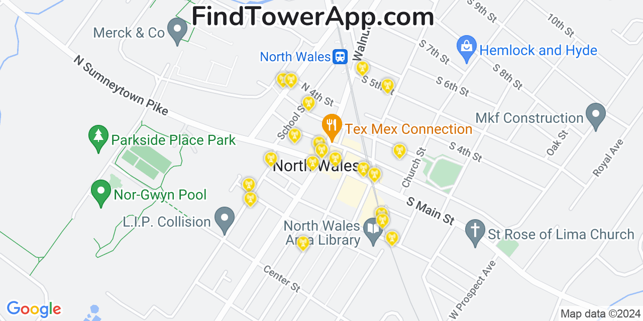 AT&T 4G/5G cell tower coverage map North Wales, Pennsylvania
