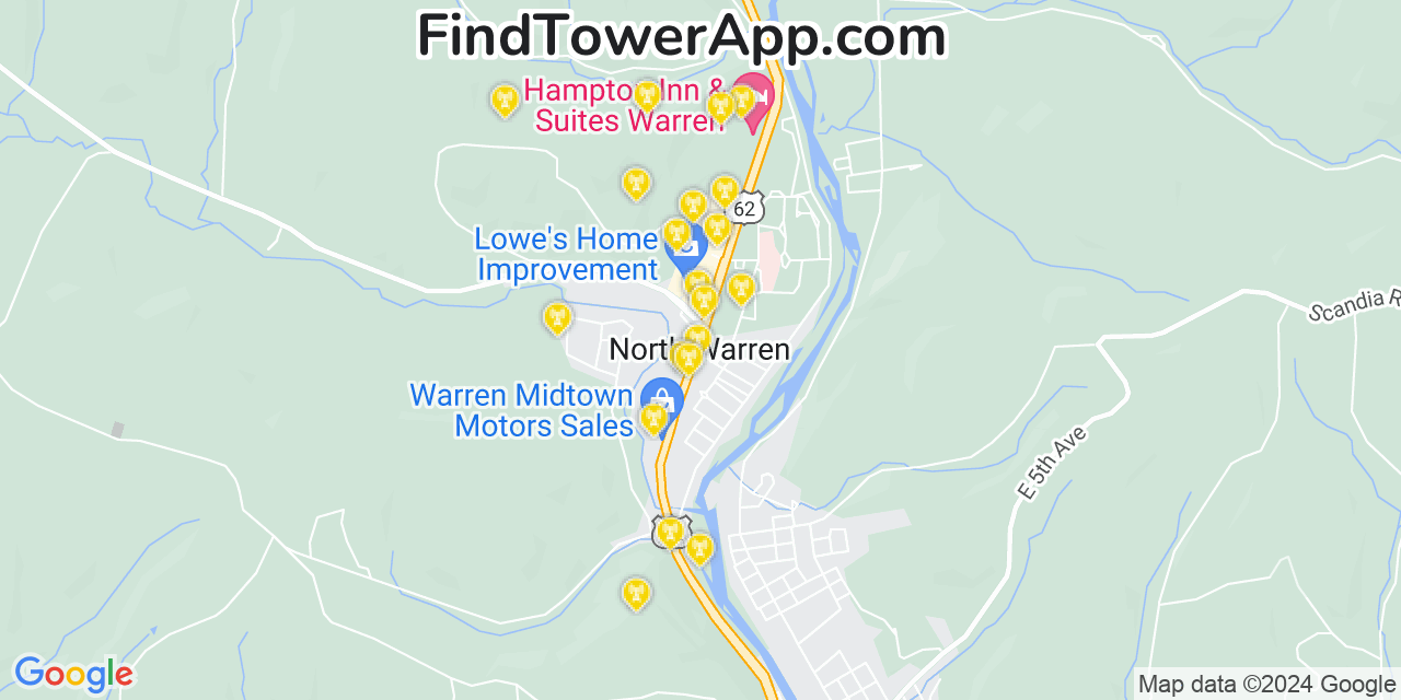 AT&T 4G/5G cell tower coverage map North Warren, Pennsylvania