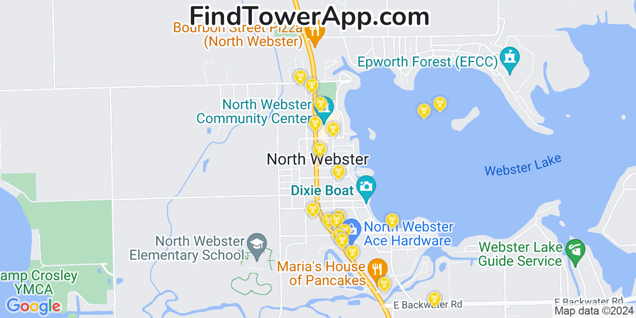 AT&T 4G/5G cell tower coverage map North Webster, Indiana